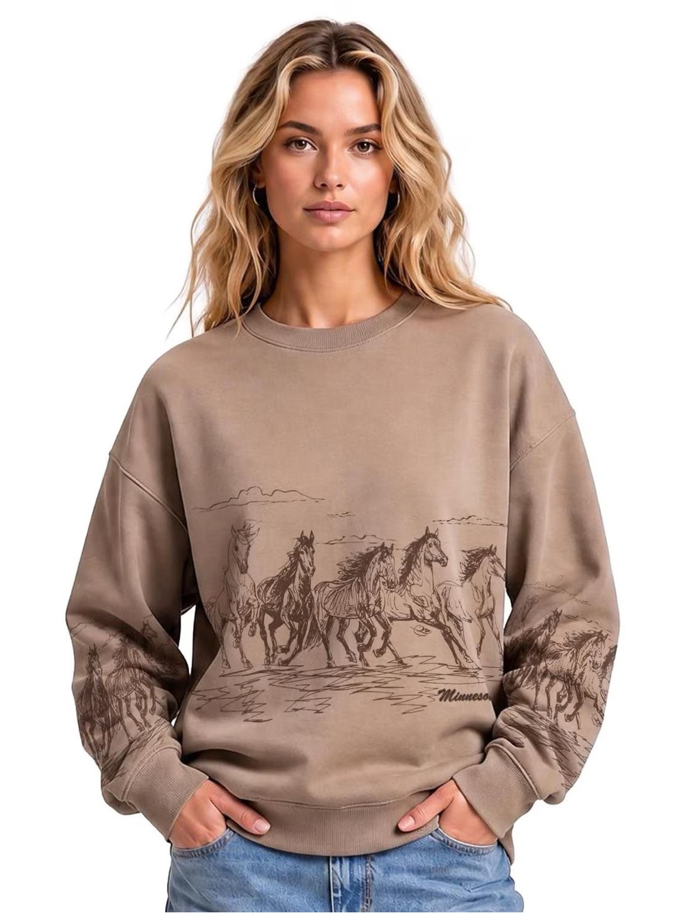 State of Mind Taupe Graphic Sweatshirt with Horse Motif nwt